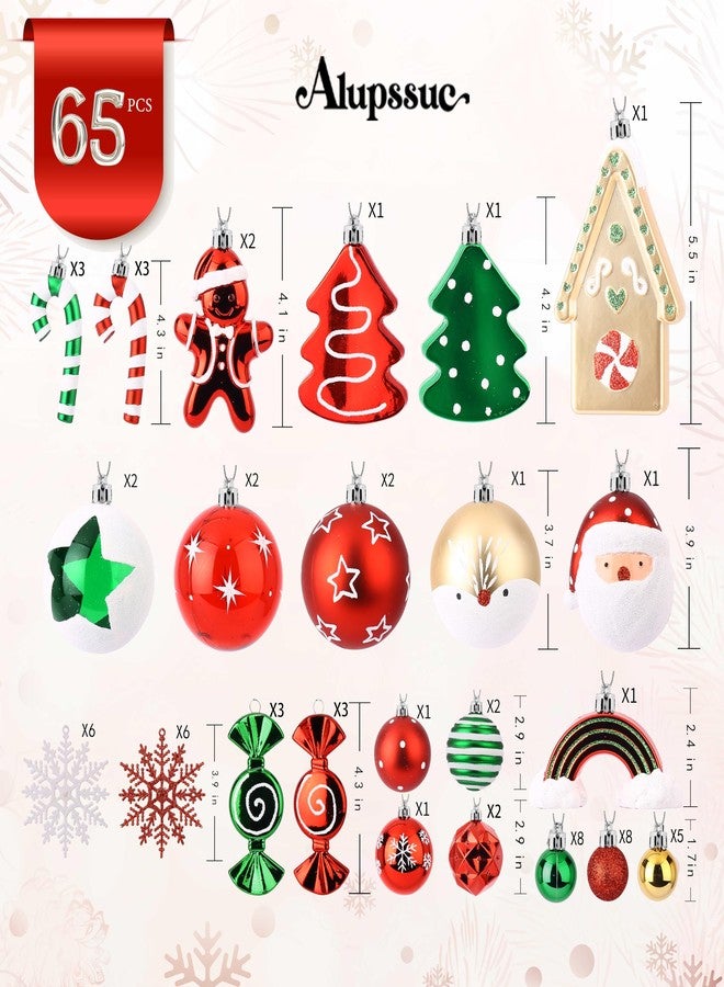 Alupssuc 65pcs Christmas Balls Ornaments Set, Shatterproof Plastic Baubles Gingerbread House, and Tree Topper for Xmas Tree Holiday Wedding Party Decorations with Hanging Strings, Red & Green, White - Image 2