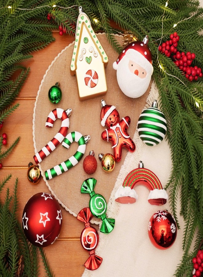 Alupssuc 65pcs Christmas Balls Ornaments Set, Shatterproof Plastic Baubles Gingerbread House, and Tree Topper for Xmas Tree Holiday Wedding Party Decorations with Hanging Strings, Red & Green, White - Image 3