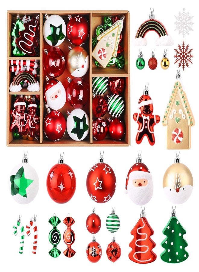 Alupssuc 65pcs Christmas Balls Ornaments Set, Shatterproof Plastic Baubles Gingerbread House, and Tree Topper for Xmas Tree Holiday Wedding Party Decorations with Hanging Strings, Red & Green, White - Image 1