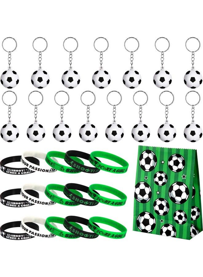 Jovitec مجموعة هدايا حفلة كرة القدم مكونة من 46 قطعة تشمل 15 حزمة من سلاسل مفاتيح كرة القدم، 16 قطعة من أساور السيليكون التحفيزية لكرة القدم، 15 قطعة من أكياس مستلزمات حفلة كرة القدم كحشوات هدايا لحفلة - Image 1