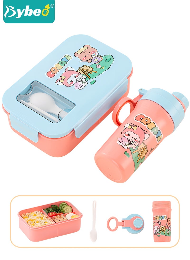 Bybeo Portable Kids Bento Box Set, Children Lunch Box with Water Bottle for School, Snack Containers for Travel, 3 Compartments Meal Prep Removable Divider, BPA Free, Microwave & Dishwasher Safe - Image 1