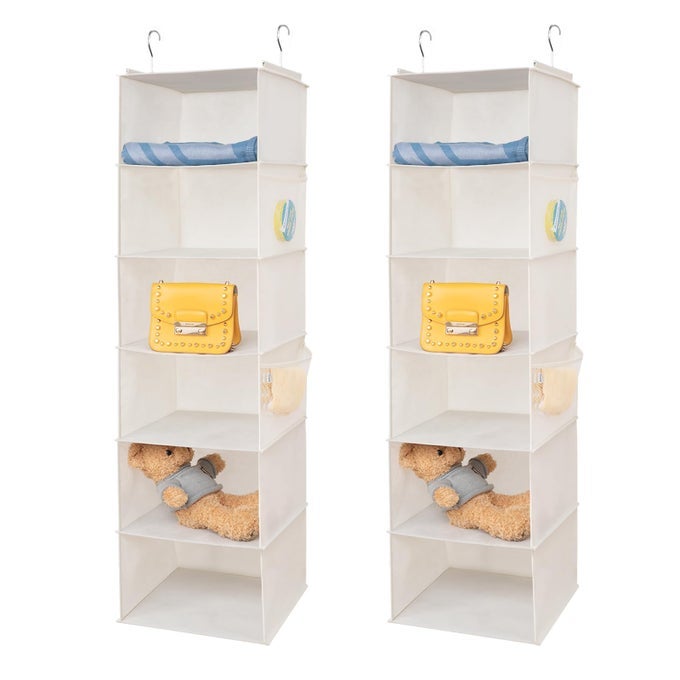 6 SHELVES HANGING CLOSET ORGANIZER 2 PACK HANGING STORAGE WITH 4 SIDE POCKETS FOR CLOTHES SHOES 435X12X12BEIGE