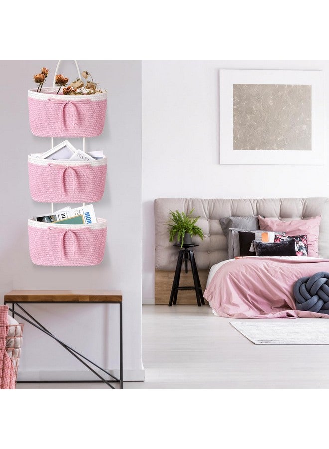 Zopeal 3 Tier Wall Mounted Woven Cotton Rope Hanging Basket over the Door Hanging Basket with Hooks Decorative Food Snack Storage Organizer Newborn for Living Room(Pink,Bow) - Image 5