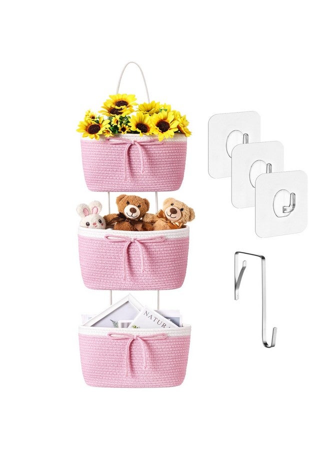 Zopeal 3 Tier Wall Mounted Woven Cotton Rope Hanging Basket over the Door Hanging Basket with Hooks Decorative Food Snack Storage Organizer Newborn for Living Room(Pink,Bow) - Image 1