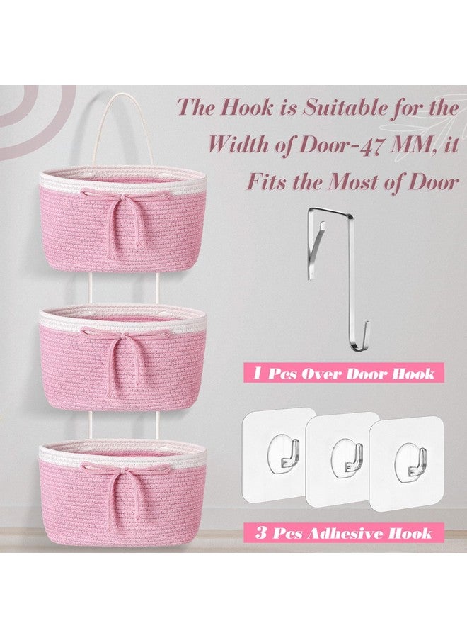 Zopeal 3 Tier Wall Mounted Woven Cotton Rope Hanging Basket over the Door Hanging Basket with Hooks Decorative Food Snack Storage Organizer Newborn for Living Room(Pink,Bow) - Image 2