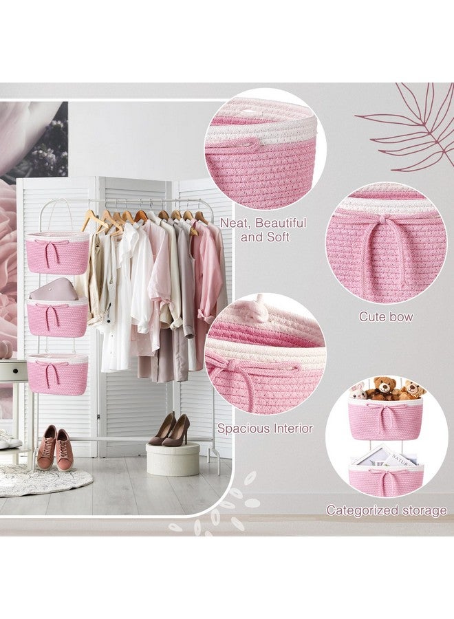 Zopeal 3 Tier Wall Mounted Woven Cotton Rope Hanging Basket over the Door Hanging Basket with Hooks Decorative Food Snack Storage Organizer Newborn for Living Room(Pink,Bow) - Image 4