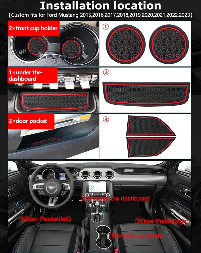 Non-Slip Anti Dust Mats for Ford Mustang 2015-2020, Custom Fits Cup Holder Liners Mats Door Pocket Center Console Liners (Red) - Image 4