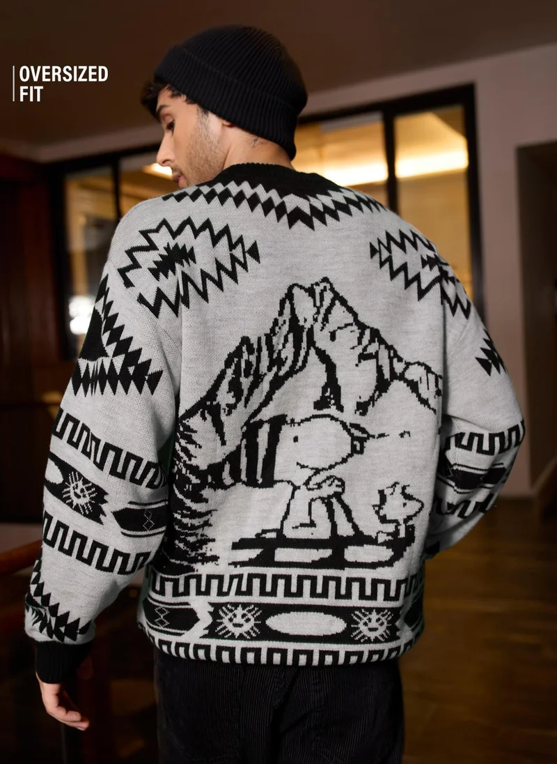 The Souled Store The Souled Store Men Peanuts Grey Printed Oversized Pullovers