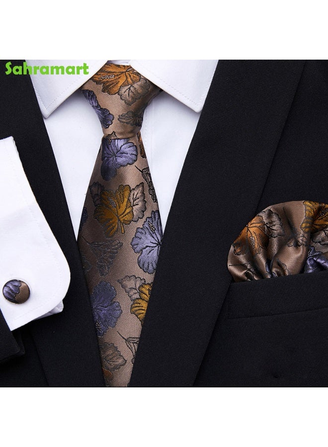 Sahramart Tie for men,Men Necktie Set with Handkerchief,Buttons,Tie Pin, 146 x 7.5 cm, Polyester, Suitable for dance parties, weddings, banquets, business, Comfortable and soft,Coffee Floral - Image 1
