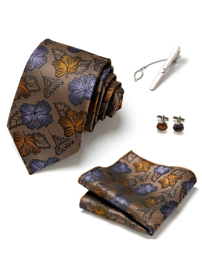 Sahramart Tie for men,Men Necktie Set with Handkerchief,Buttons,Tie Pin, 146 x 7.5 cm, Polyester, Suitable for dance parties, weddings, banquets, business, Comfortable and soft,Coffee Floral - Image 2