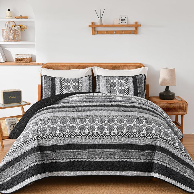 BOHO QUILT SET QUEEN SIZE GREY BOHEMIAN 3 PIECES QUILT SETS LIGHTWEIGHT BEDSPREAD COVERLET BEDDING SET FOR ALL SEASON 96X90
