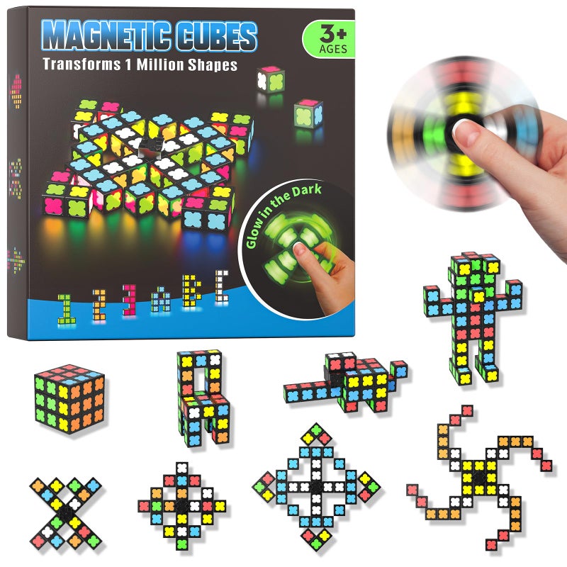 Axirata Magnetic Fidget Spinner Mini38 Blocks Glow Magnet Cube Transformable Fidget Spinner Infinity Cube 3x3x3 Cube4 in 1 Toy STEM Building Tiles Stress Relief Sensory Gift for Kid Boy Girl Adult - Image 3