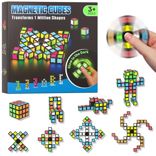 Axirata Magnetic Fidget Spinner Mini38 Blocks Glow Magnet Cube Transformable Fidget Spinner Infinity Cube 3x3x3 Cube4 in 1 Toy STEM Building Tiles Stress Relief Sensory Gift for Kid Boy Girl Adult - Image 1