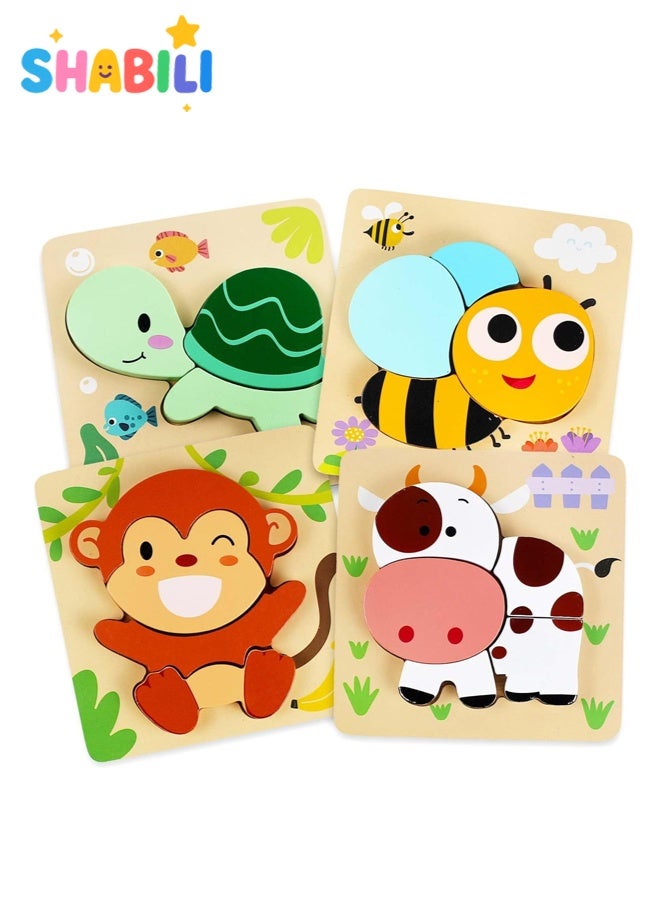 SHABILI Wooden Puzzles for Toddlers Ages 1–4, 3D Chunky Animal Puzzle Set with Large Pieces and Smooth Edges, Montessori Toys for Color & Shape Recognition & Fine Motor Skills, 4 Pack Educational Gifts - Image 1