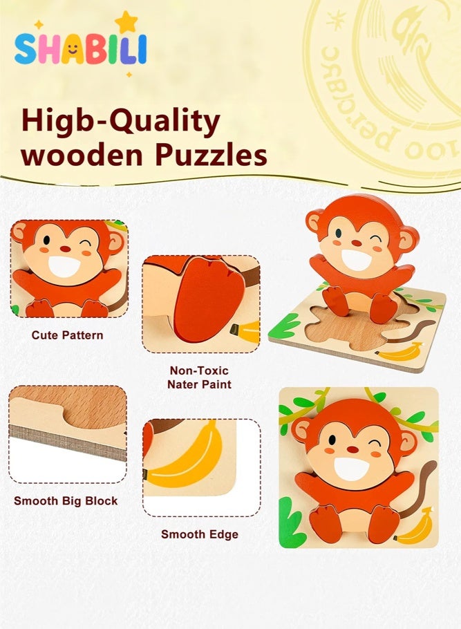 SHABILI Wooden Puzzles for Toddlers Ages 1–4, 3D Chunky Animal Puzzle Set with Large Pieces and Smooth Edges, Montessori Toys for Color & Shape Recognition & Fine Motor Skills, 4 Pack Educational Gifts - Image 4