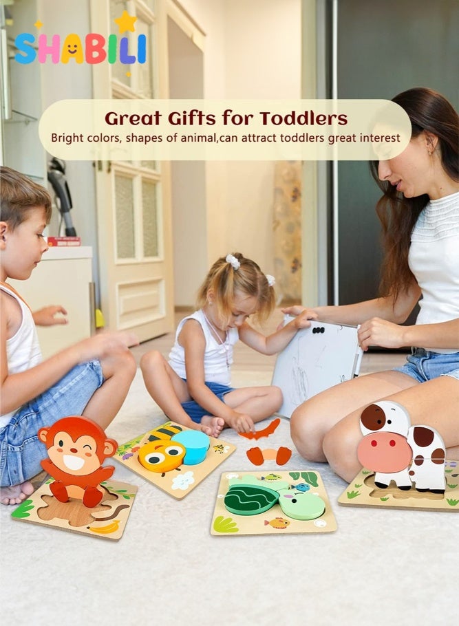 SHABILI Wooden Puzzles for Toddlers Ages 1–4, 3D Chunky Animal Puzzle Set with Large Pieces and Smooth Edges, Montessori Toys for Color & Shape Recognition & Fine Motor Skills, 4 Pack Educational Gifts - Image 2