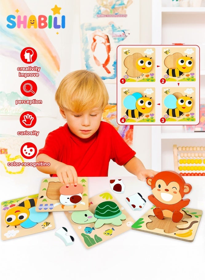 SHABILI Wooden Puzzles for Toddlers Ages 1–4, 3D Chunky Animal Puzzle Set with Large Pieces and Smooth Edges, Montessori Toys for Color & Shape Recognition & Fine Motor Skills, 4 Pack Educational Gifts - Image 5