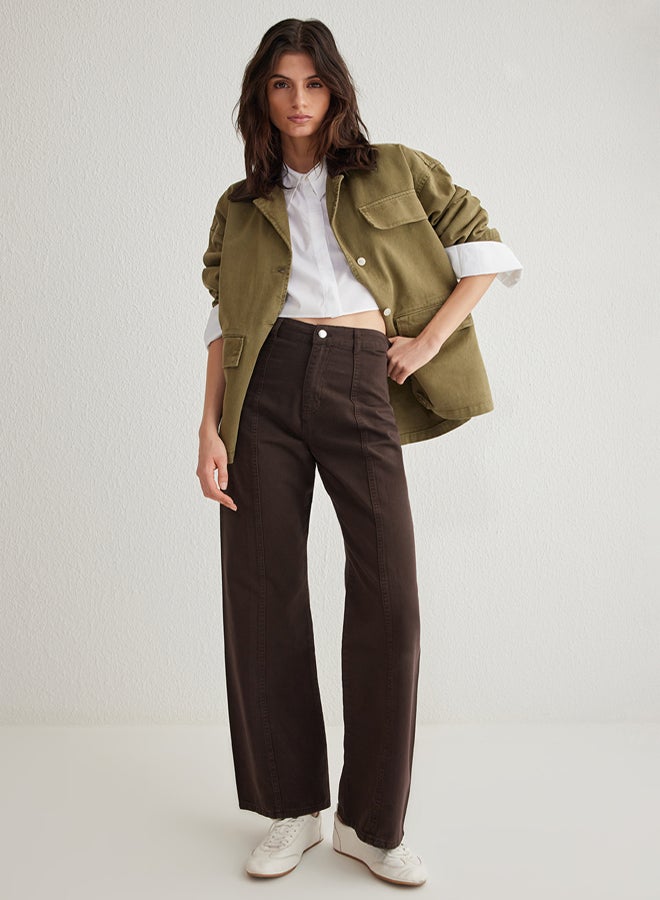 trendyol Brown Stitch Detail High Waist Wide Leg Jeans - Image 1