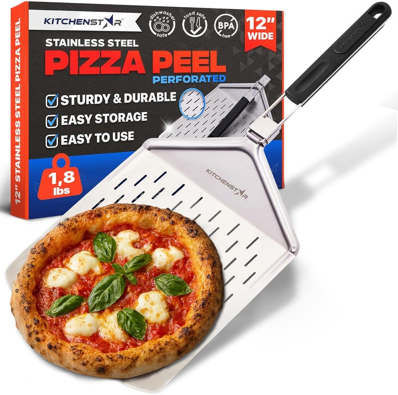 kitchen-star 12-inch Perforated Pizza Peel with Folding Handle - Stainless Steel Spatula Paddle for Effortless Pizza Transfer & Easy Storrage - Dishwasher Safe Pizza Oven Accessories - Image 1