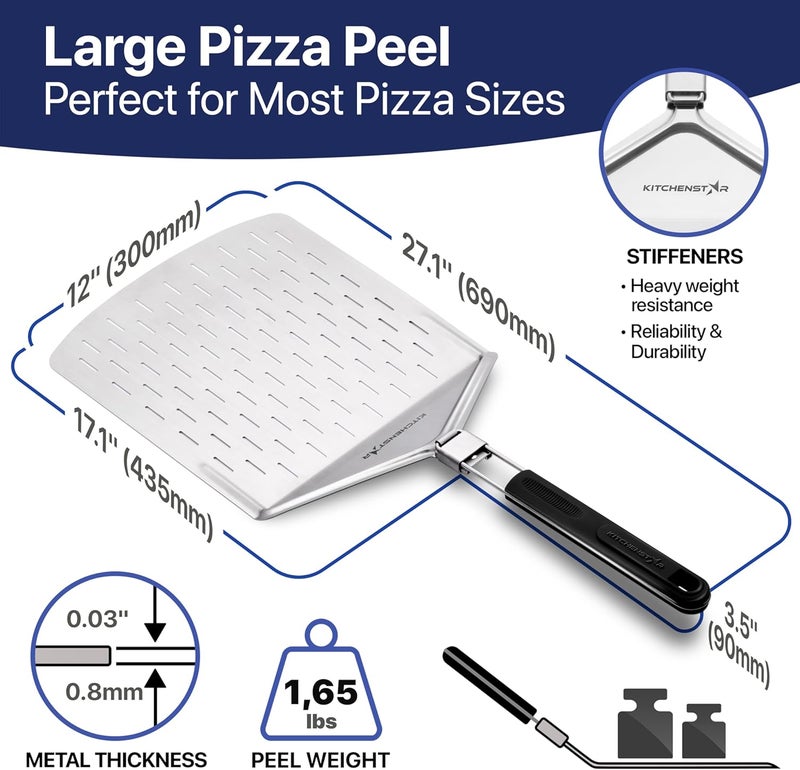 kitchen-star 12-inch Perforated Pizza Peel with Folding Handle - Stainless Steel Spatula Paddle for Effortless Pizza Transfer & Easy Storrage - Dishwasher Safe Pizza Oven Accessories - Image 3