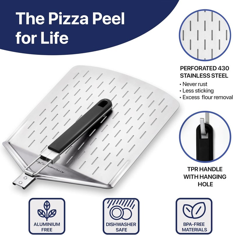 kitchen-star 12-inch Perforated Pizza Peel with Folding Handle - Stainless Steel Spatula Paddle for Effortless Pizza Transfer & Easy Storrage - Dishwasher Safe Pizza Oven Accessories - Image 4