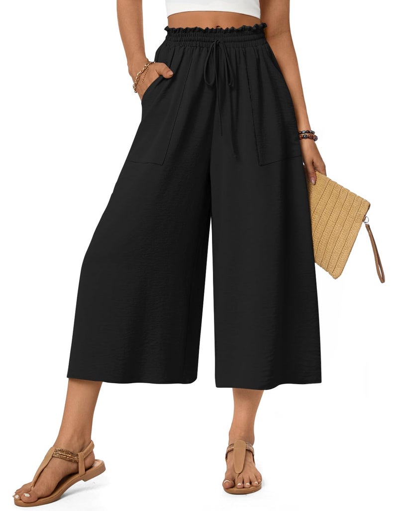 Anyhold Womens Capri Palazzo Pants Wide Leg Gaucho Dressy Casual Pant with Pockets Large, Dark - Image 2