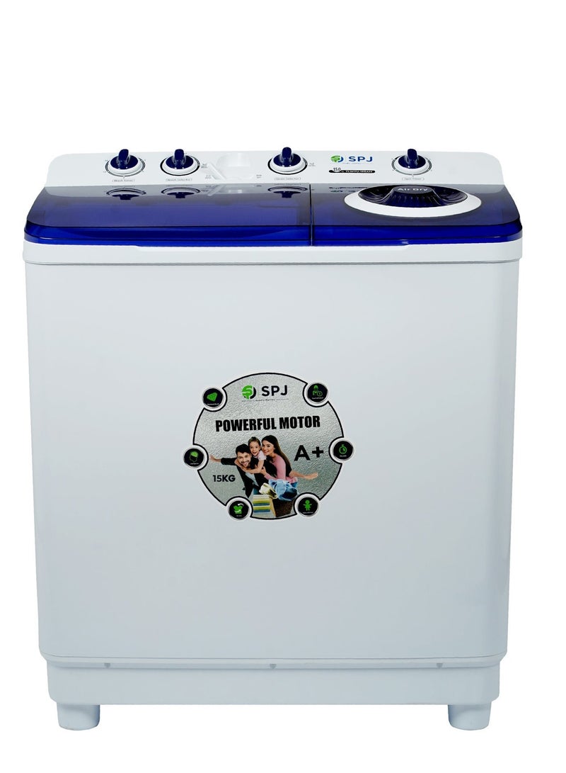 SPJ High Performance 15KG Semi Automatic Top Load Washing Machine with Washer & Dryer, Tub Clean Function, Energy Saving, Premium Quality, Durable Design, Powerful Motor, Low Noise, Easy to Use for Home, White - Image 1