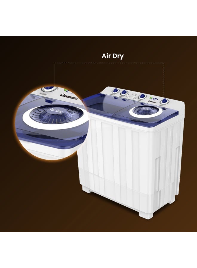 SPJ 15KG Semi Automatic Top Load Washing Machine with Washer & Dryer, Powerful Motor, Energy Saving, Low Noise, Tub Clean Function, White - Image 3