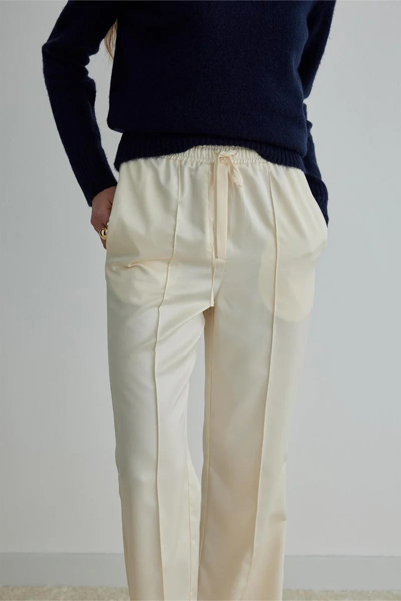 سود كوليكشن Saud Collection Cream Ross Satin Trousers