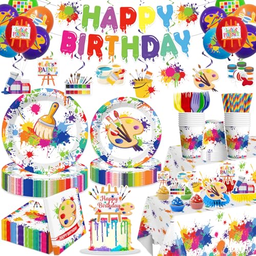 Yingoto 200pcs Paint Party Decorations for Kids and Art Lovers Convenient Disposable Paper Tableware Set Includes 300gsm Plates and 2 PE Plastic Tablecloths for Paint Party and Celebration - Image 1