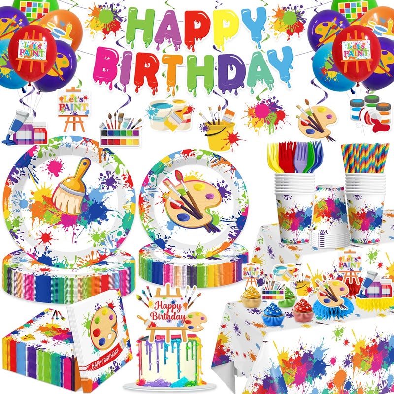 Yingoto 200pcs Paint Party Decorations for Kids and Art Lovers Convenient Disposable Paper Tableware Set Includes 300gsm Plates and 2 PE Plastic Tablecloths for Paint Party and Celebration - Image 2