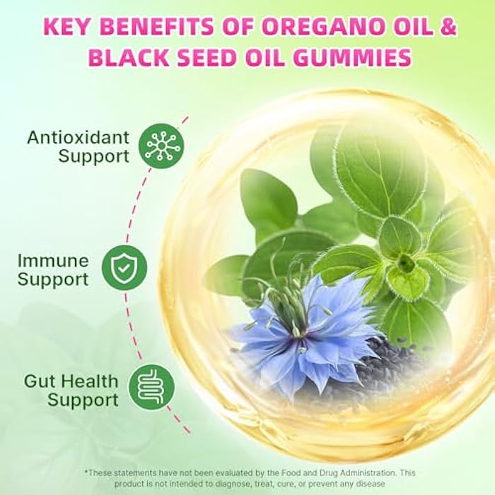 Mchokuu Oil of Oregano with Black Seed Oil, 2-in-1 Black Seed Oil Supplement for Women & Men Support Antioxidant Health, Sugar Free & Vegan Raspberry Herbal Gummies, 120 Count - Image 4
