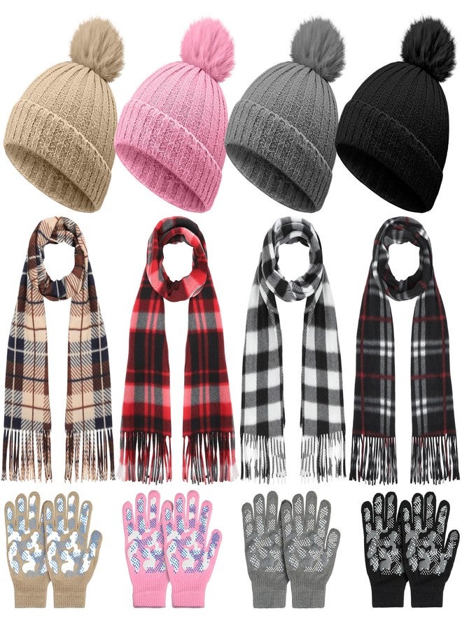 JaGely 12 Pcs Kids Winter Hat Gloves Scarf Set Warm Plaid Scarves Knit Pom Beanie Hat Gloves for Cold Weather Homeless (Bright Color) - Image 1