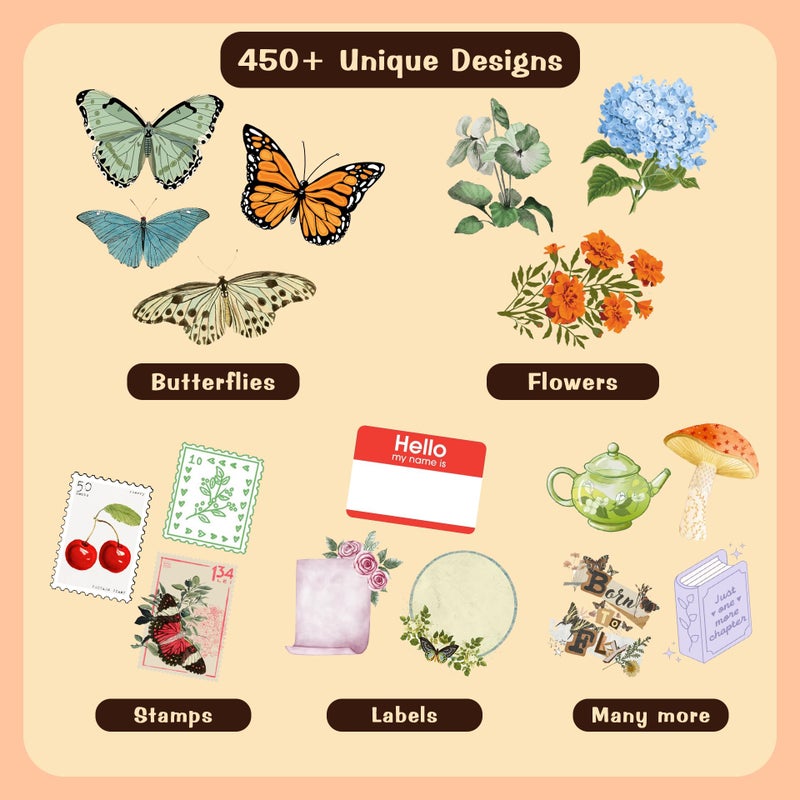 CodersParadise 450+ Journaling Floral Stickers â€“ Vintage Nature Scrapbooking Stickers | Aesthetic Botanical Butterfly & Retro Poem Stamp Stickers, Waterproof for Planners, Journals, DIY Crafts & Art Projects - Image 2