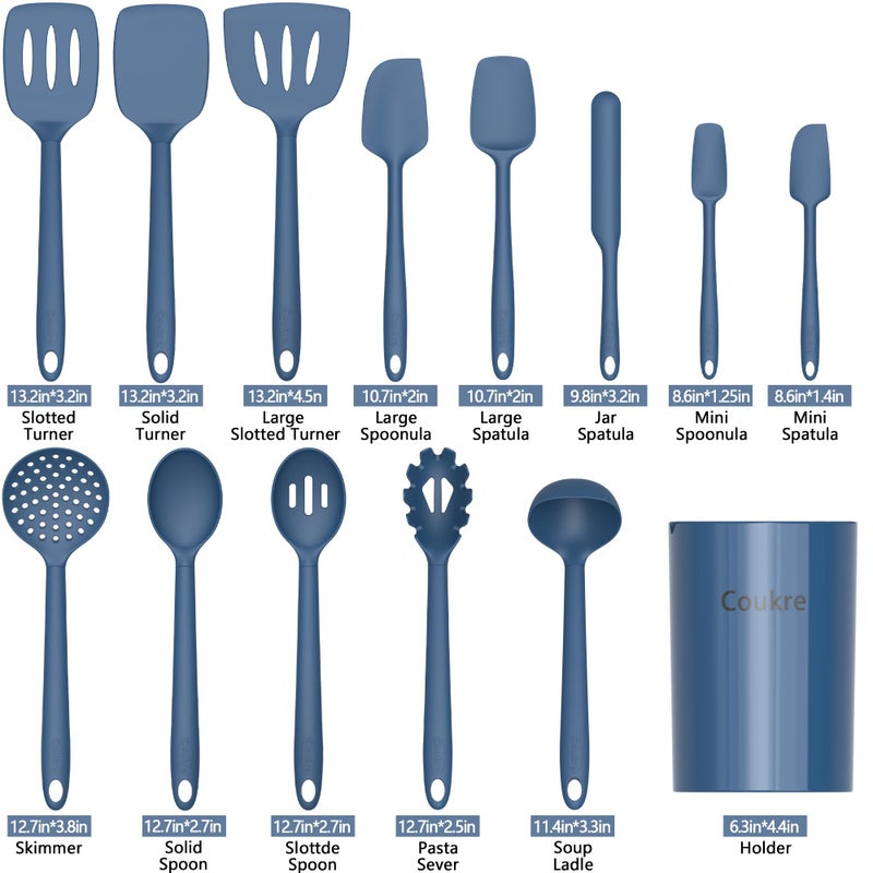 Coukre Silicone Kitchen Cooking Utensils Set with Holder â€“ Heat-Resistant, Food-Grade Kitchen Tools, Spatula, Spoon & Gadgets for Non-Stick Pans, Dishwasher Safe (14, PureDarkBlue) - Image 2