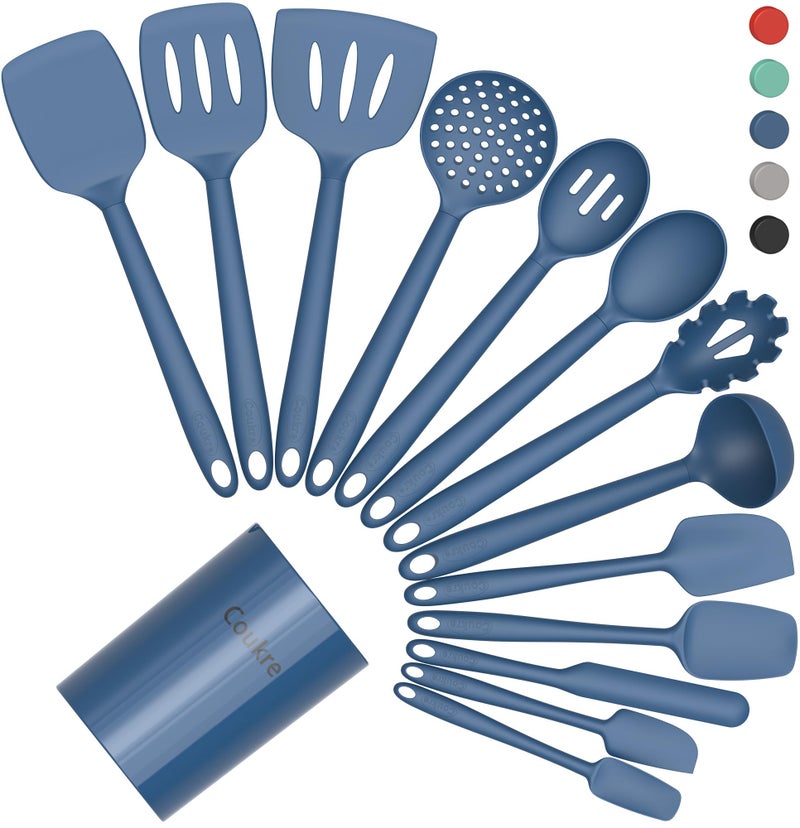 Coukre Silicone Kitchen Cooking Utensils Set with Holder â€“ Heat-Resistant, Food-Grade Kitchen Tools, Spatula, Spoon & Gadgets for Non-Stick Pans, Dishwasher Safe (14, PureDarkBlue) - Image 1