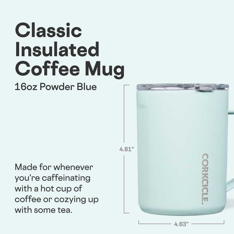 Corkcicle Classic Coffee Mug - Triple Insulated Stainless Steel for Travel - Shatter-Proof Lid - Keeps Drink Hot Over 3 Hours - Holiday Mug Gift - Great for Gifting Warmth - 16 oz - Powder Blue - Image 2