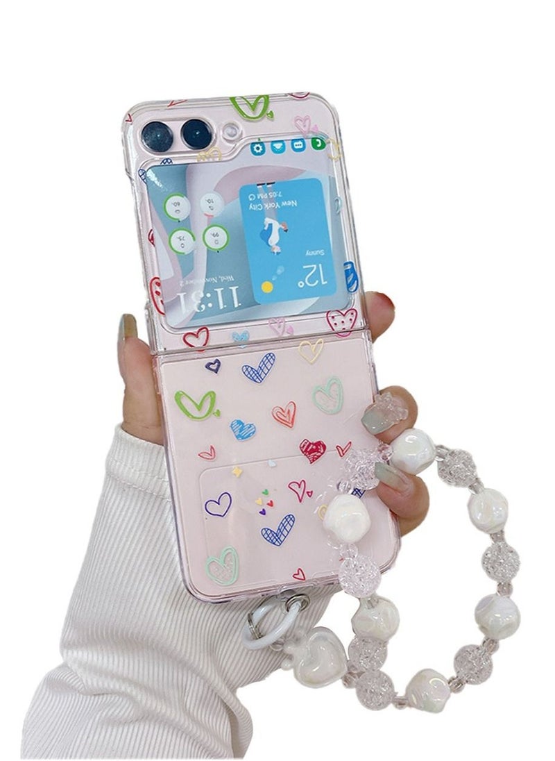 جراب هاتف Samsung Galaxy Z Flip 5 بتصميم قلب فاخر مع حزام مضاد للفقدان من الخرز، غطاء خلفي شفاف أنيق مع حزام لؤلؤي واقٍ لهاتف Samsung Galaxy Z Flip 5 للنساء والفتيات - Image 1