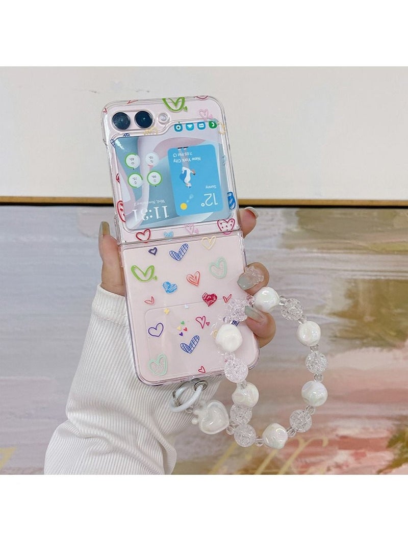جراب هاتف Samsung Galaxy Z Flip 5 بتصميم قلب فاخر مع حزام مضاد للفقدان من الخرز، غطاء خلفي شفاف أنيق مع حزام لؤلؤي واقٍ لهاتف Samsung Galaxy Z Flip 5 للنساء والفتيات - Image 2