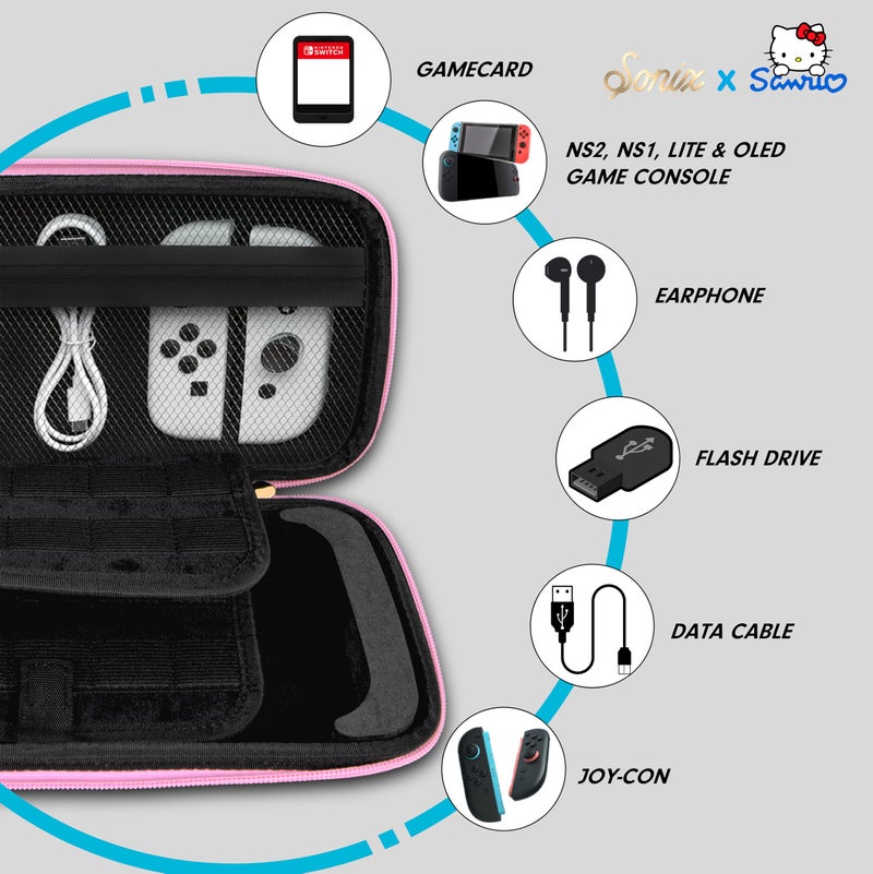 Sonix x Sanrio Carrying Case for Nintendo Switch 2, Switch 1, Lite, OLED, Protective Travel Case with Game Cartridge Storage | Hello Kitty Pink Bows - Image 4