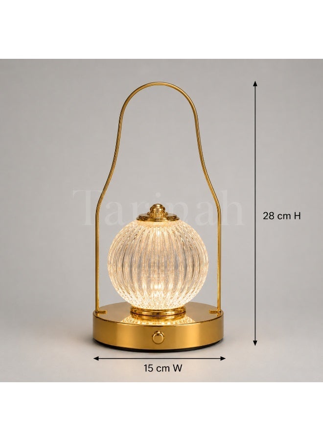 Portable LED Lantern Table Lamp, Gold-Tone with Ribbed Crystal-Effect Globe, 28cm High - Image 4