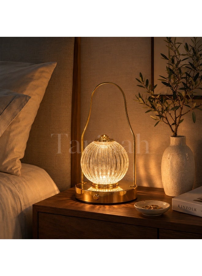 Portable LED Lantern Table Lamp, Gold-Tone with Ribbed Crystal-Effect Globe, 28cm High - Image 1