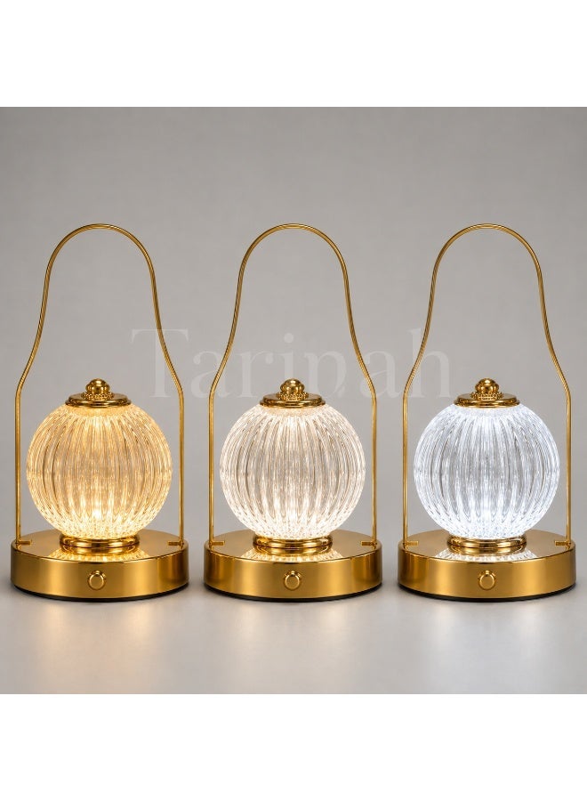 Portable LED Lantern Table Lamp, Gold-Tone with Ribbed Crystal-Effect Globe, 28cm High - Image 3