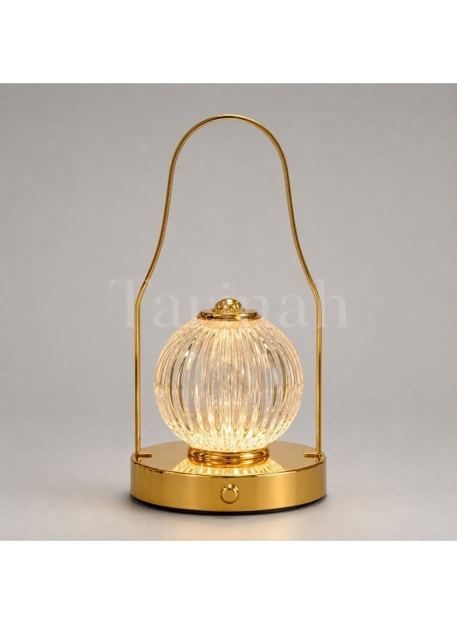 Portable LED Lantern Table Lamp, Gold-Tone with Ribbed Crystal-Effect Globe, 28cm High - Image 2