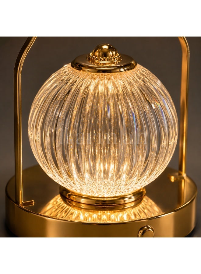 Portable LED Lantern Table Lamp, Gold-Tone with Ribbed Crystal-Effect Globe, 28cm High - Image 5