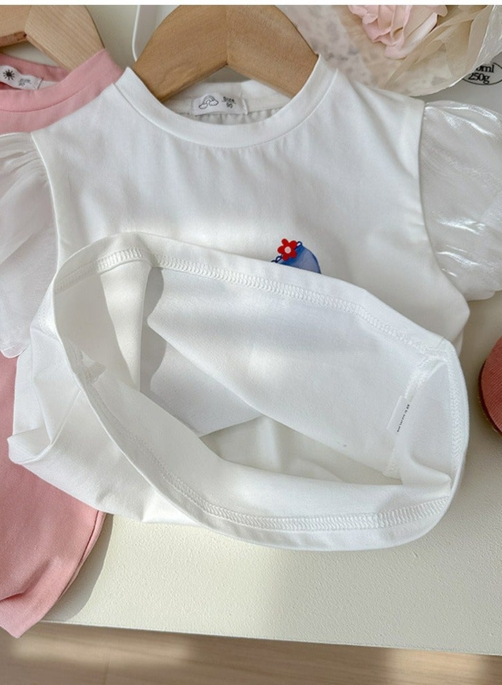 Loquat Girl's Lantern Short Sleeve Crew Neck T-Shirt Printed Cotton Puff Sleeve Tees White  - Image 2