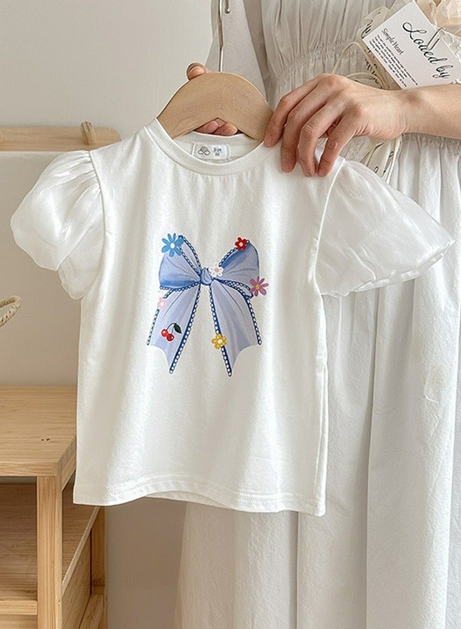 Loquat Girl's Lantern Short Sleeve Crew Neck T-Shirt Printed Cotton Puff Sleeve Tees White  - Image 1