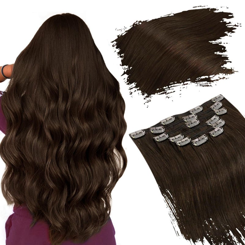 Ugeat Chocolate Brown Hair Extensions Clip in Human Hair Dark Brown Clip on Hair Extensions for Women Soft Straight Natural Human Hair Instant Transformation Daily Use 18 Inch 7pcs 120g