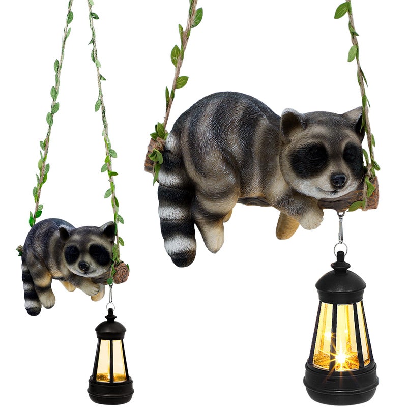 ZaaYee Solar Lighted Garden Outdoor Statue 201 H Hanging Swing Lying with A Sleeping Raccoon and A LED Lantern Resin Animal Figurine Hanging Ornaments with Hook for Decoration Gift - Image 2