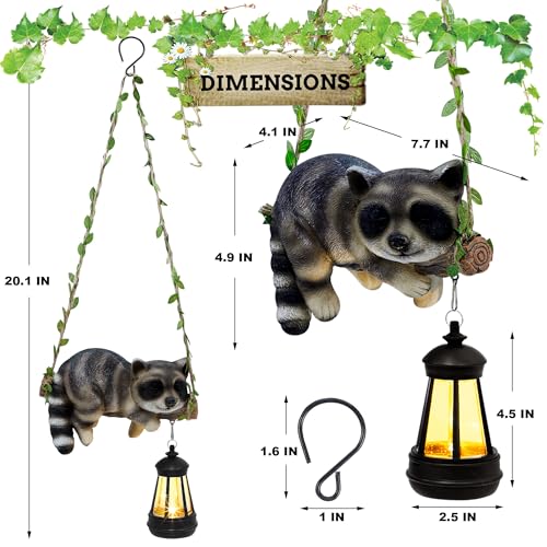 ZaaYee Solar Lighted Garden Outdoor Statue 201 H Hanging Swing Lying with A Sleeping Raccoon and A LED Lantern Resin Animal Figurine Hanging Ornaments with Hook for Decoration Gift - Image 3